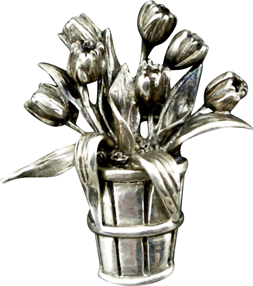 Vintage H&h Sterling Basket Of Tulips Brooch - Tulip (947x947), Png Download
