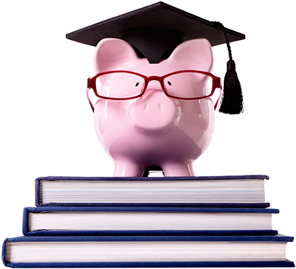 Piggy Bank With Glasses And A Grad Cap On A Pile Of - Piggy Bank With Graduation Cap Png (1280x420), Png Download