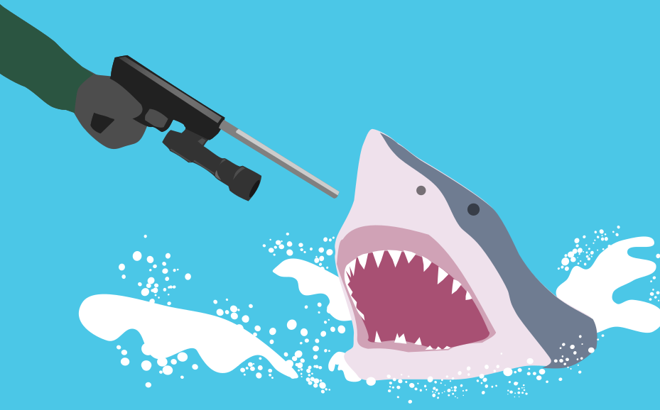 Shark Repellent And Shooting Guns Underwater - Shark With Guns (929x578), Png Download
