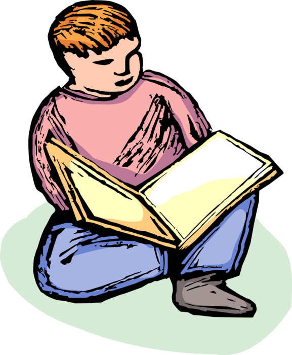 Vector Illustration Of Young Boy Learning To Read Book - Sitting (577x700), Png Download