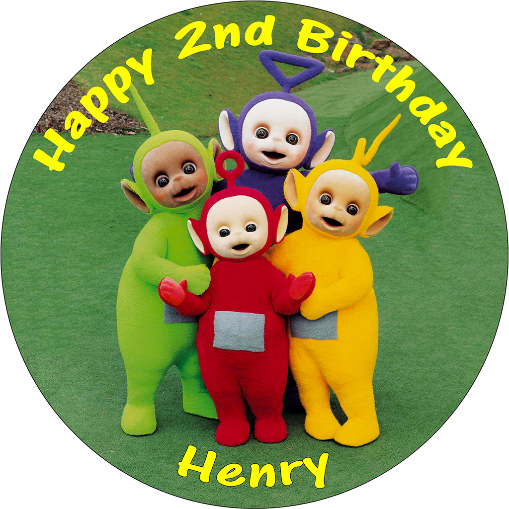 Teletubbies Edible Personalised Round Birthday Cake - Teletubbies Names (1024x1024), Png Download