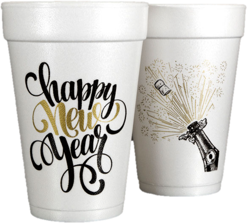 Pre-printed Styrofoam Cups Happy New Year Script - Happy New Year Cards White (975x975), Png Download