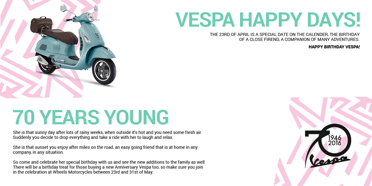 Vespa Happy Days - 70 Year Company Anniversary (1200x600), Png Download