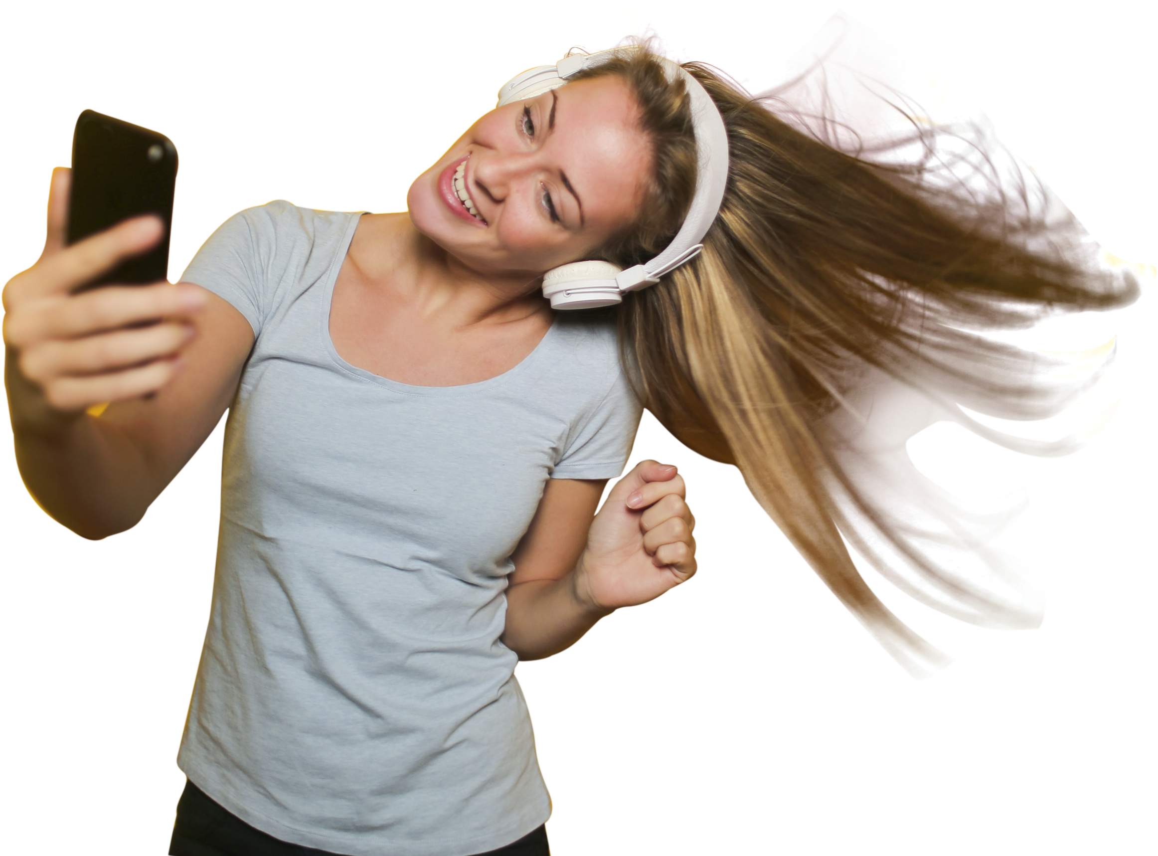 Girl Taking Selfie With Listening Music - Model Wearing Bluetooth Headphones (3400x2267), Png Download