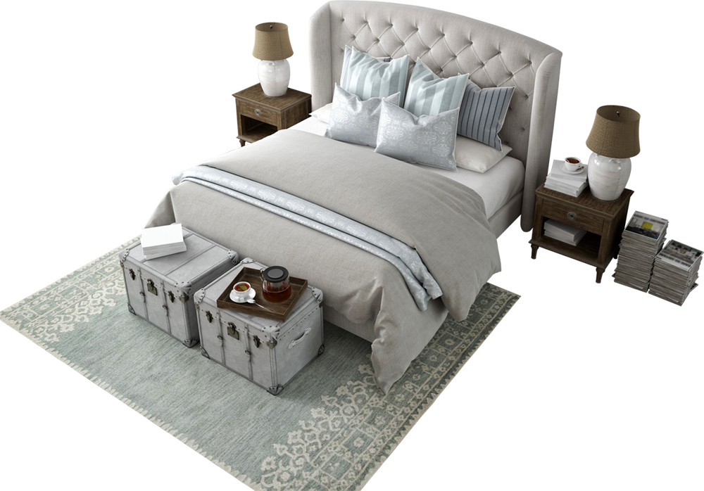 Bed With Blankets, Pillows, And Night Stands - Boxspringbett Romantisch (1000x698), Png Download