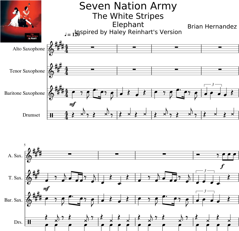 Seven Nation Army The White Stripes Elephant Inspired - Alto Sax Seven Nation Army Saxophone (850x1100), Png Download