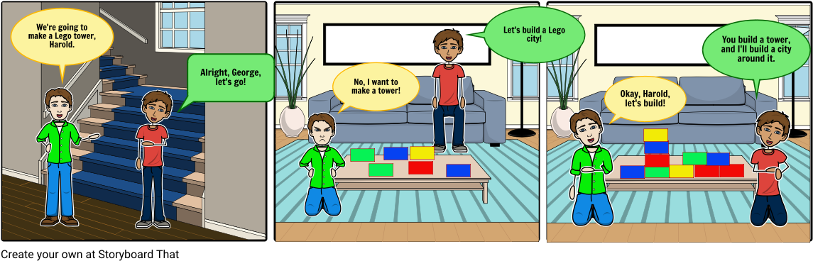 George And Harold Have Fun With Legos - Cartoon (1164x385), Png Download