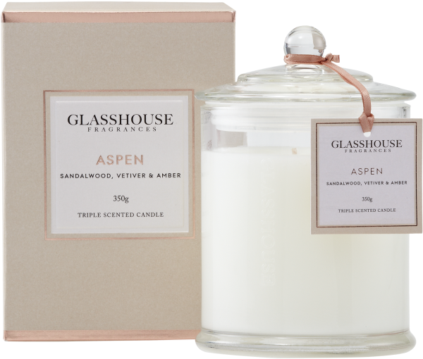 Aspen Sandalwood, Vetiver And Amber 350g Triple Scented - Glasshouse Candles (832x750), Png Download