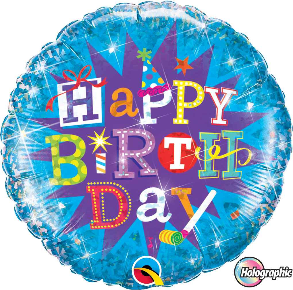 Blue & Purple Holographic Birthday Balloon With Colourful - Circle (1020x1008), Png Download