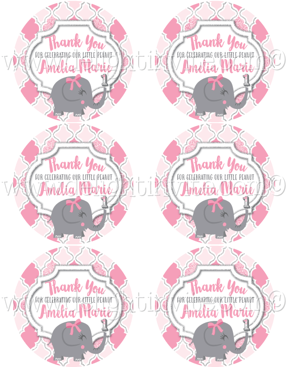Pink And Gray Elephant 1st Birthday Sticker Tag - Circle (614x794), Png Download