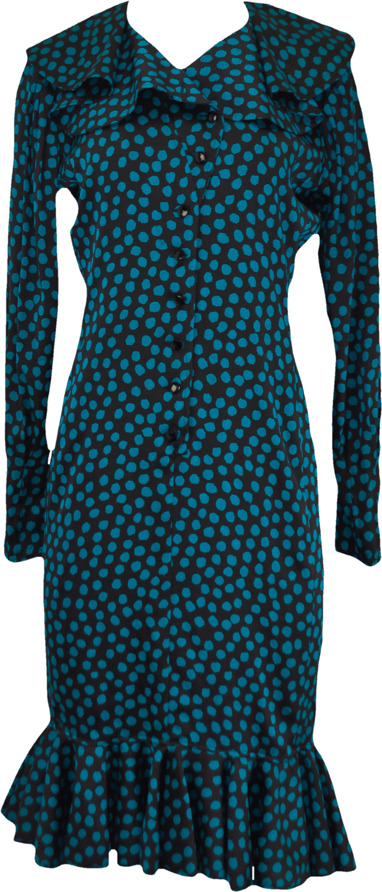 80's Black And Blue Ruffled Polka Dot Button Up Dress - Dress (1256x2906), Png Download