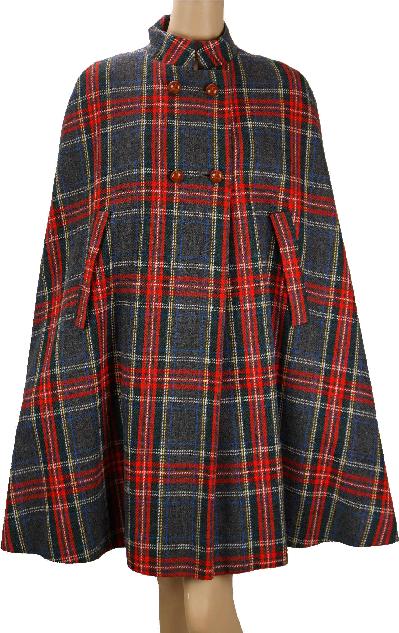 70s Cape Red And Gray Plaid Wool Coat Outerwear At - Plaid (2048x2048), Png Download