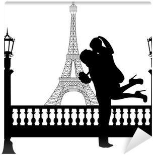 Couple In Love With Flowers In Front Of Eiffel Tower - Silhouette Of Couple Kissing In Paris (400x400), Png Download