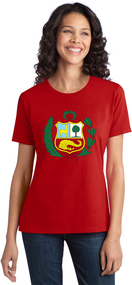 Ladies Red Peruvian Coat Of Arms Flag - Mother Father Tshirt (590x1005), Png Download