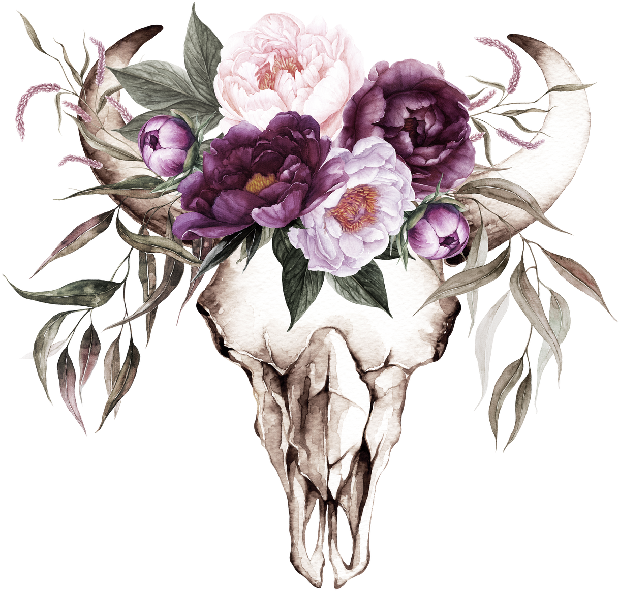 Cow Skull With Purple Flowers Transfer - Plum Color Floral Wedding Invitations (1280x1200), Png Download