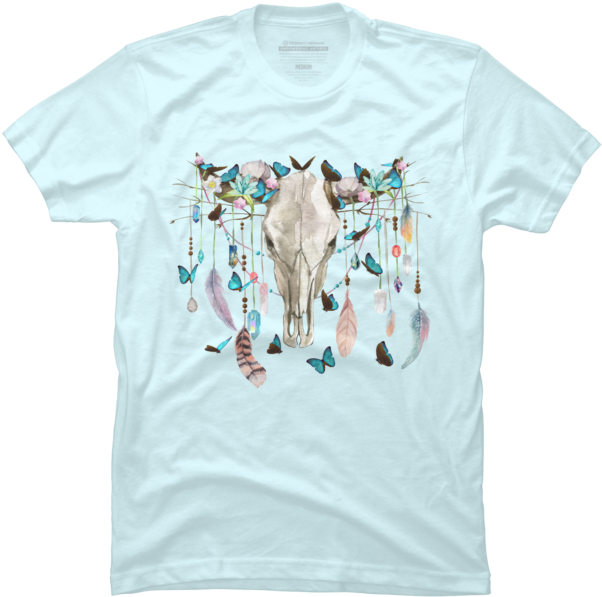Butterflies Crystals And Flowers On A Cow Skull - T-shirt (650x650), Png Download