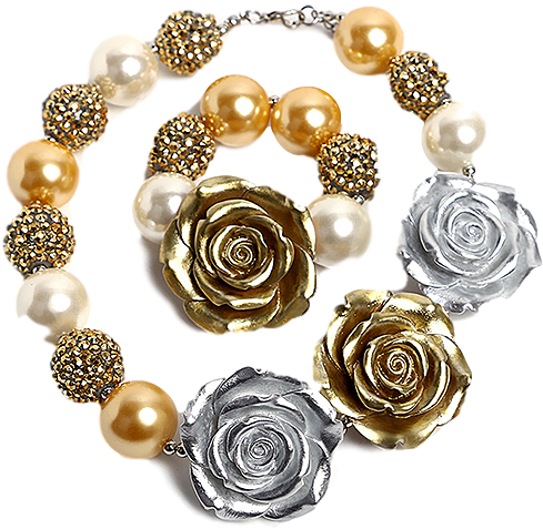 Silver & Gold Rose Necklace & Bracelet Set - Pearl (548x658), Png Download