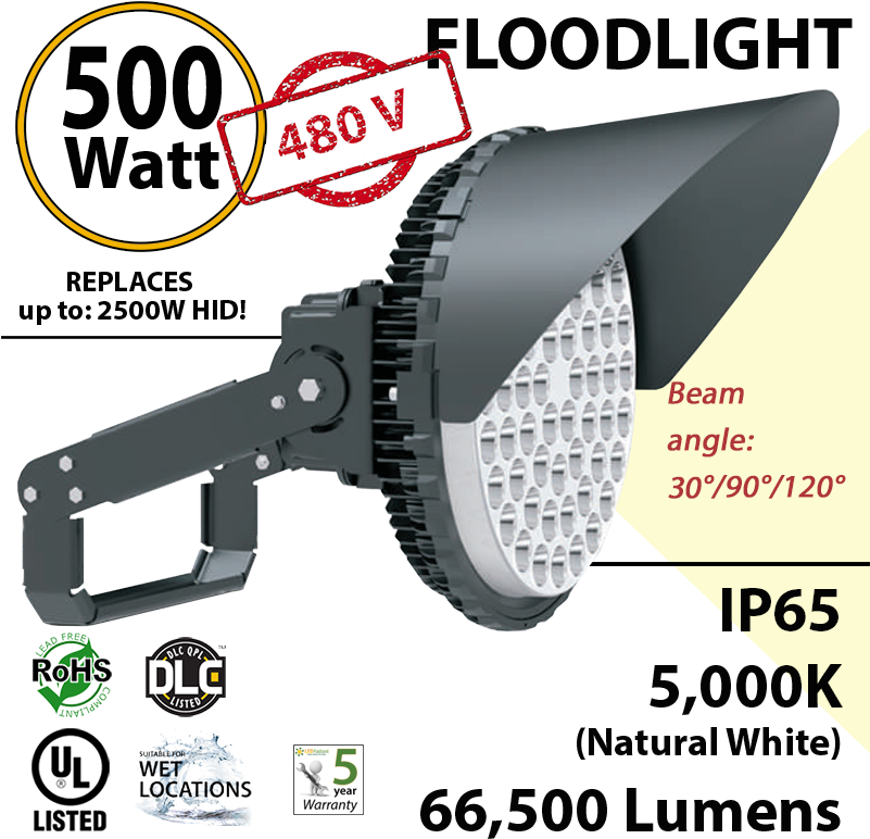 500w Led Stadium Floodlight 480 Volts 66500 Lumens - Ul Listed (800x802), Png Download