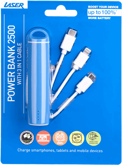 Laser 2500mah Powerband 3 In 1 Cable - Battery Charger For Phone At Big W (600x600), Png Download
