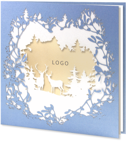 Laser Cut Blue Card With Reindeers - Christmas Card (600x600), Png Download