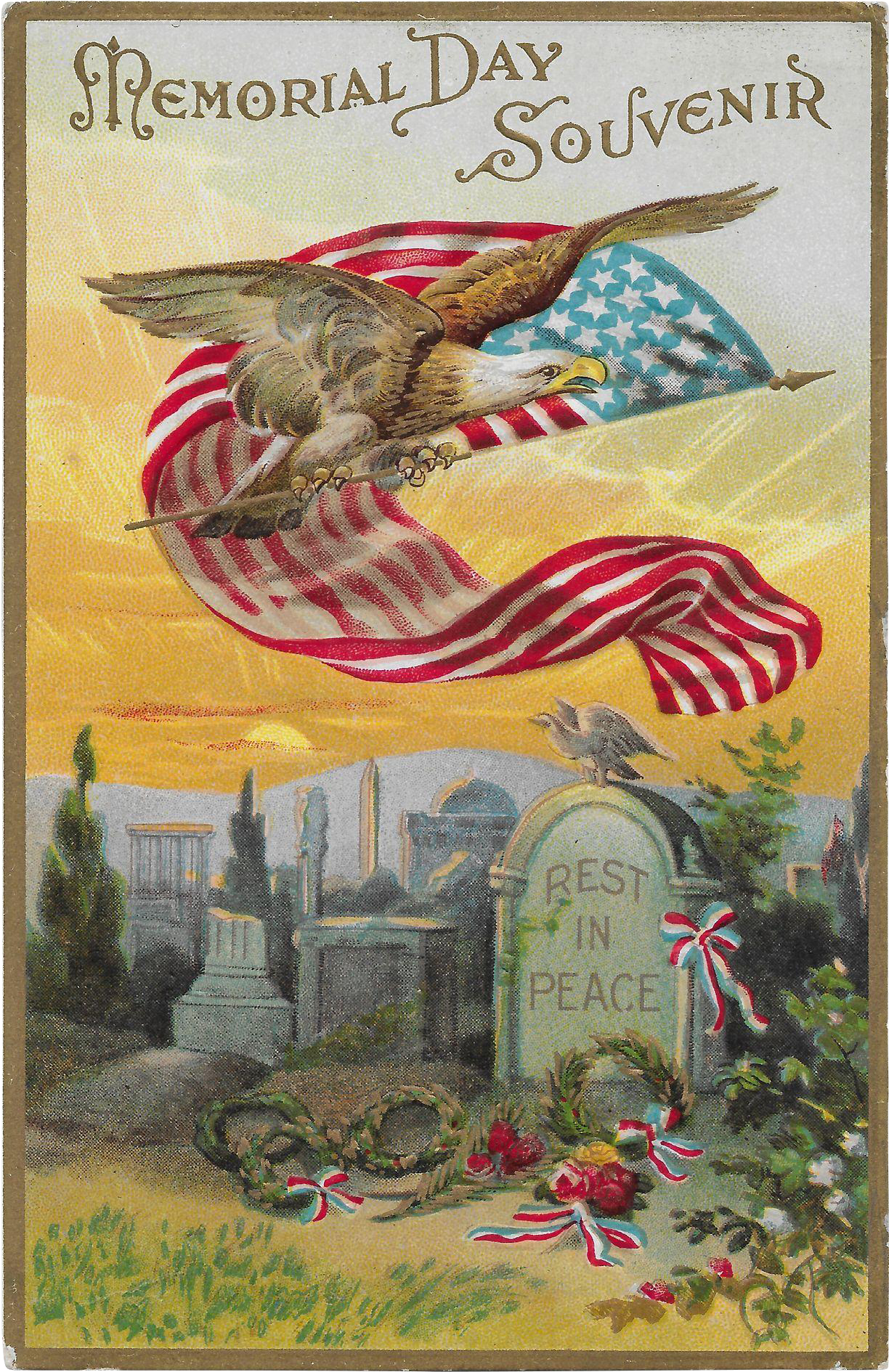Vintage Patriotic Postcard Memorial Day Souvenir Eagle, - Vintage American Flag Greeting (1889x1889), Png Download