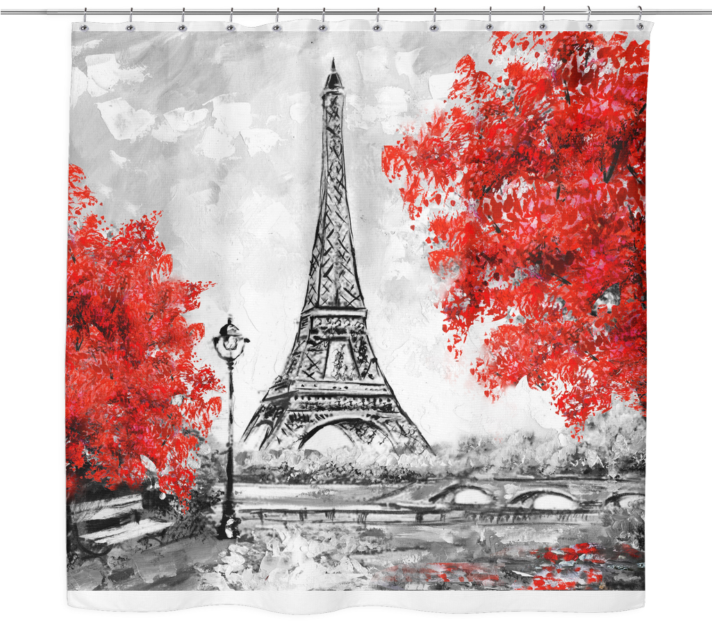 Paris In Red Shower Curtain - Eiffel Tower Paris Painting Black And White (1024x1024), Png Download