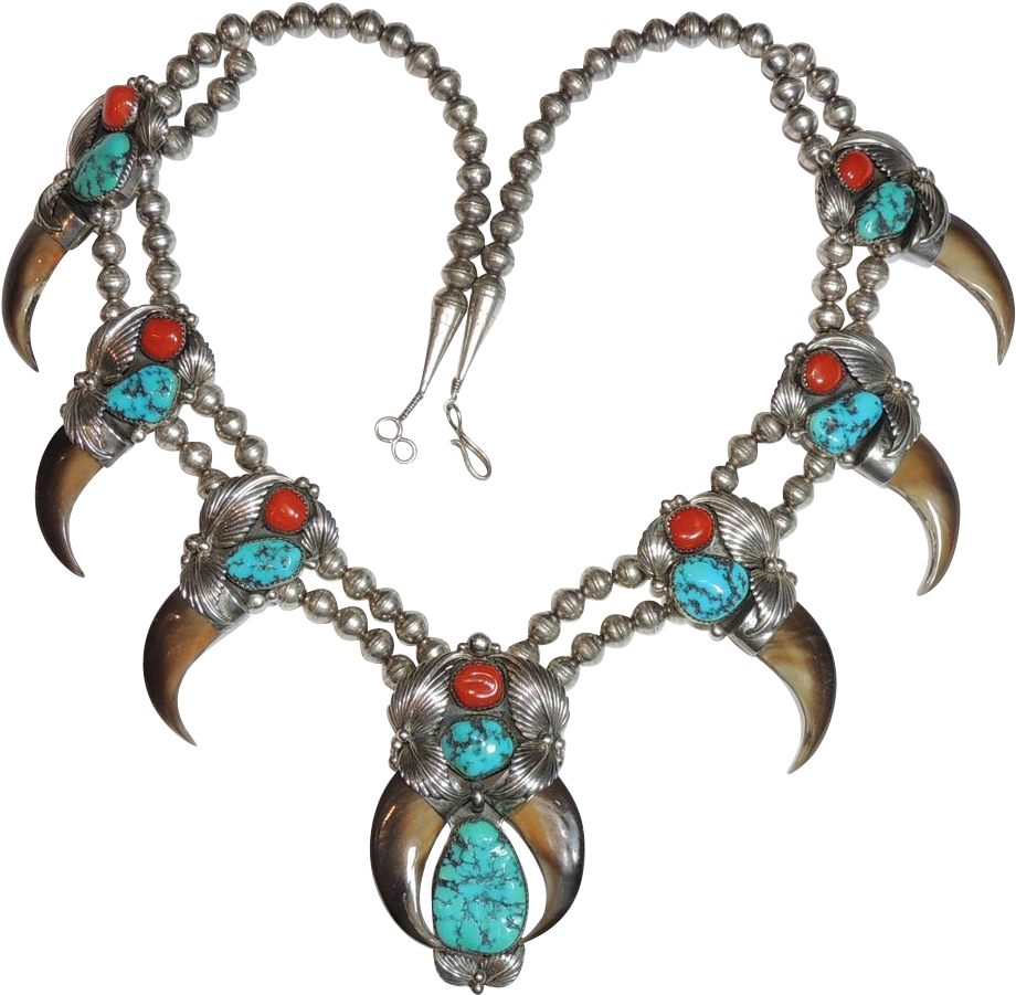 Signed Navajo Bear Claw, Turquoise, Coral Squash Blossom - Squash Blossom Necklace (919x919), Png Download