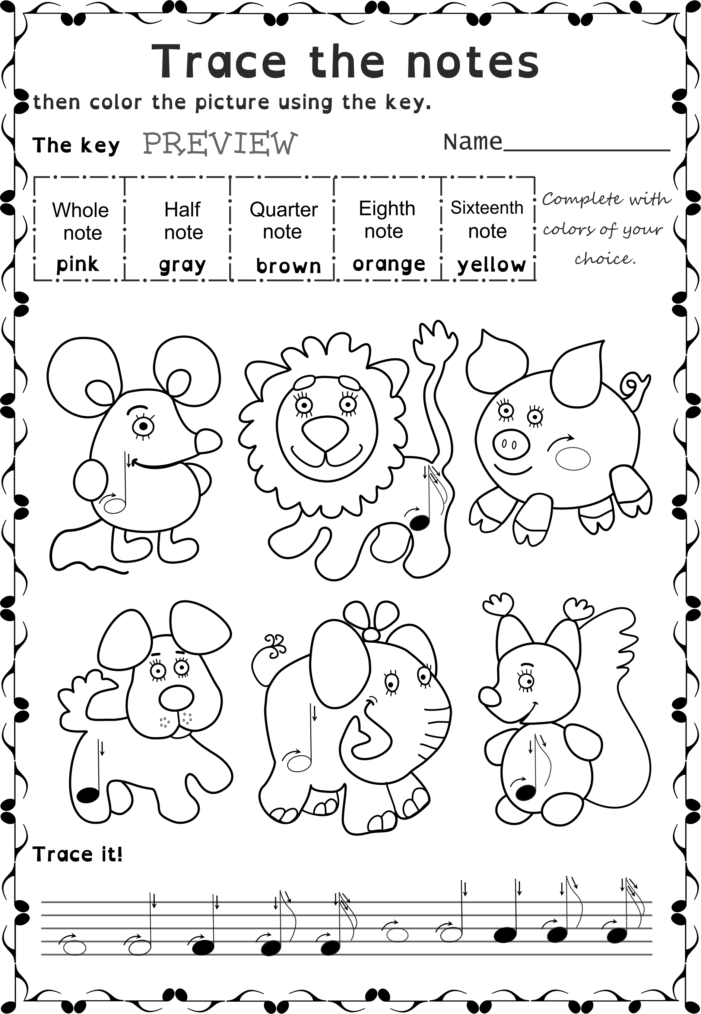 Trace And Color Worksheets For Beginners - Trace The Notes (2324x3364), Png Download