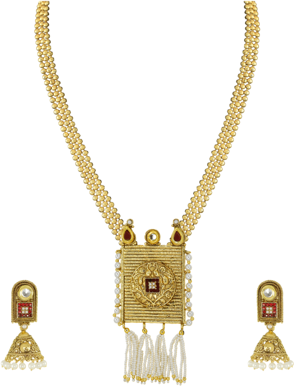 Womens Gold Plated Pearl Necklace Set - Necklace (640x960), Png Download