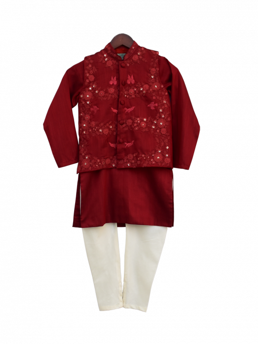 Maroon Embroidery Jacket With Kurti And Churidar - Velvet (525x700), Png Download