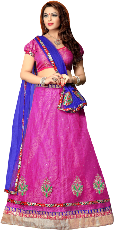 Women Chanderi Lehenga Choli - Lehenga Pink With Blue Designs (640x960), Png Download