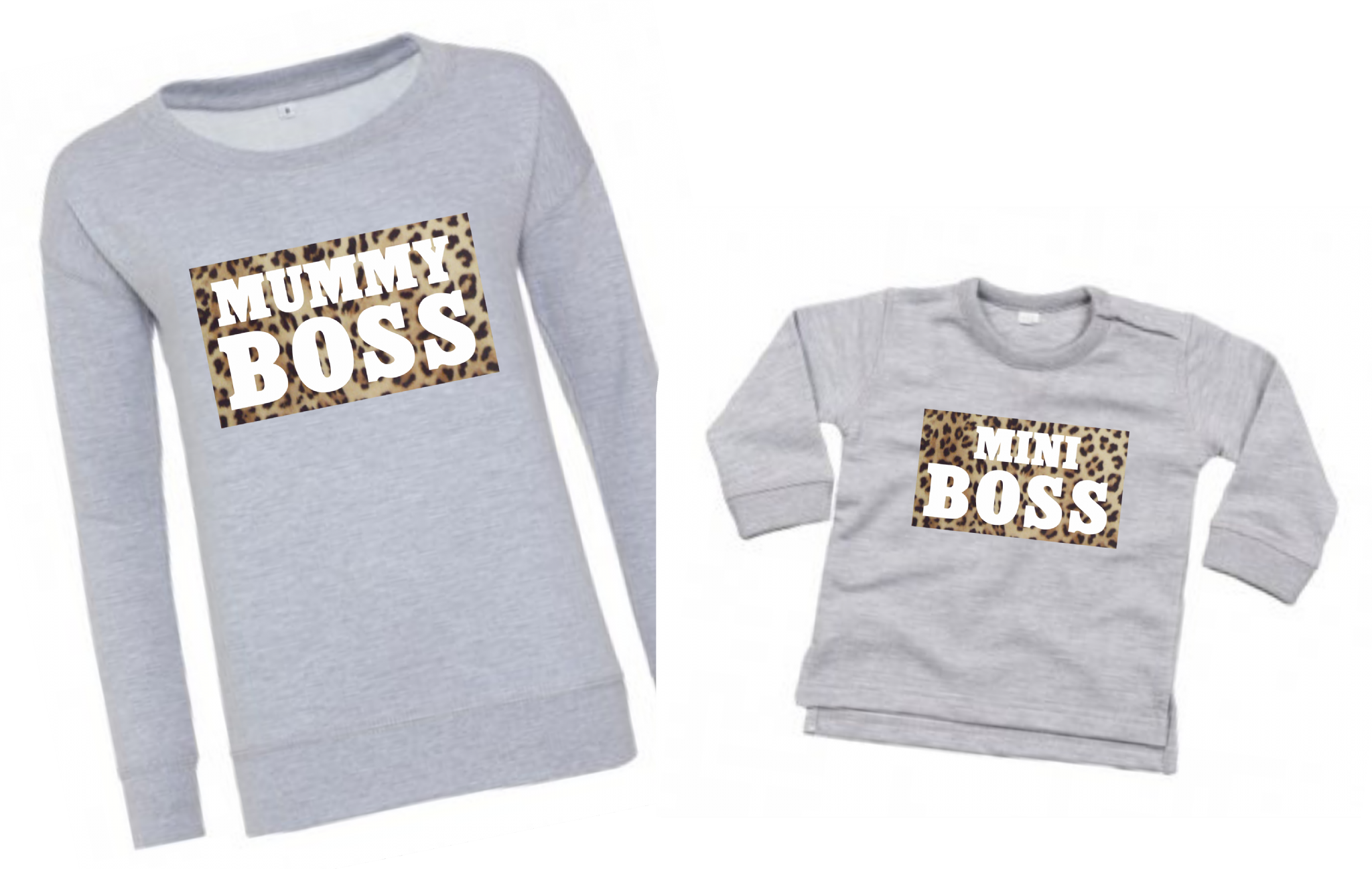 Mummy And Mini Boss Leopard Print Heather Grey Matching - Long-sleeved T-shirt (2048x1298), Png Download