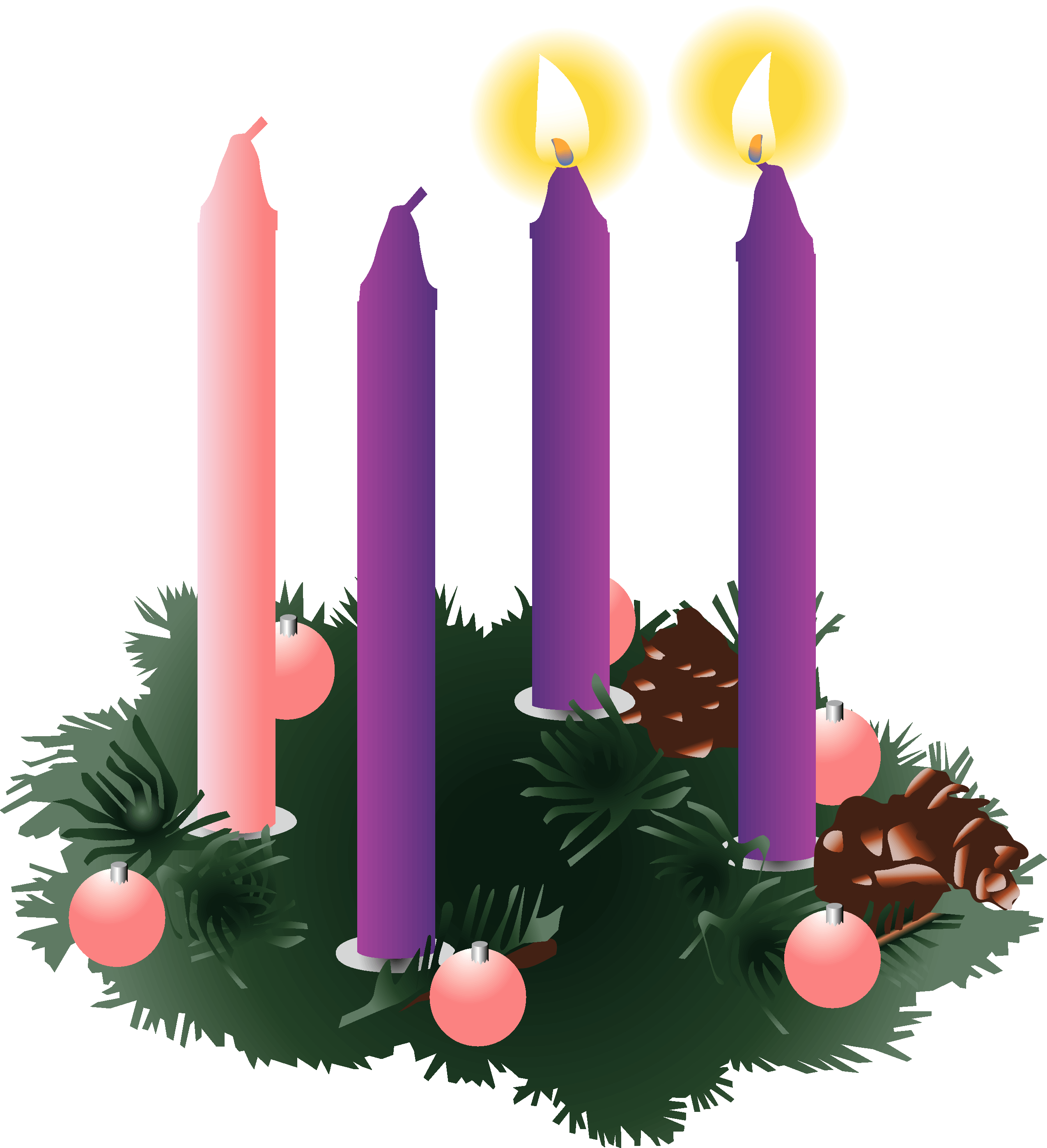 Four Purple Advent Candles Two Lit - Advent Wreath Two Candles Lit (2550x2796), Png Download
