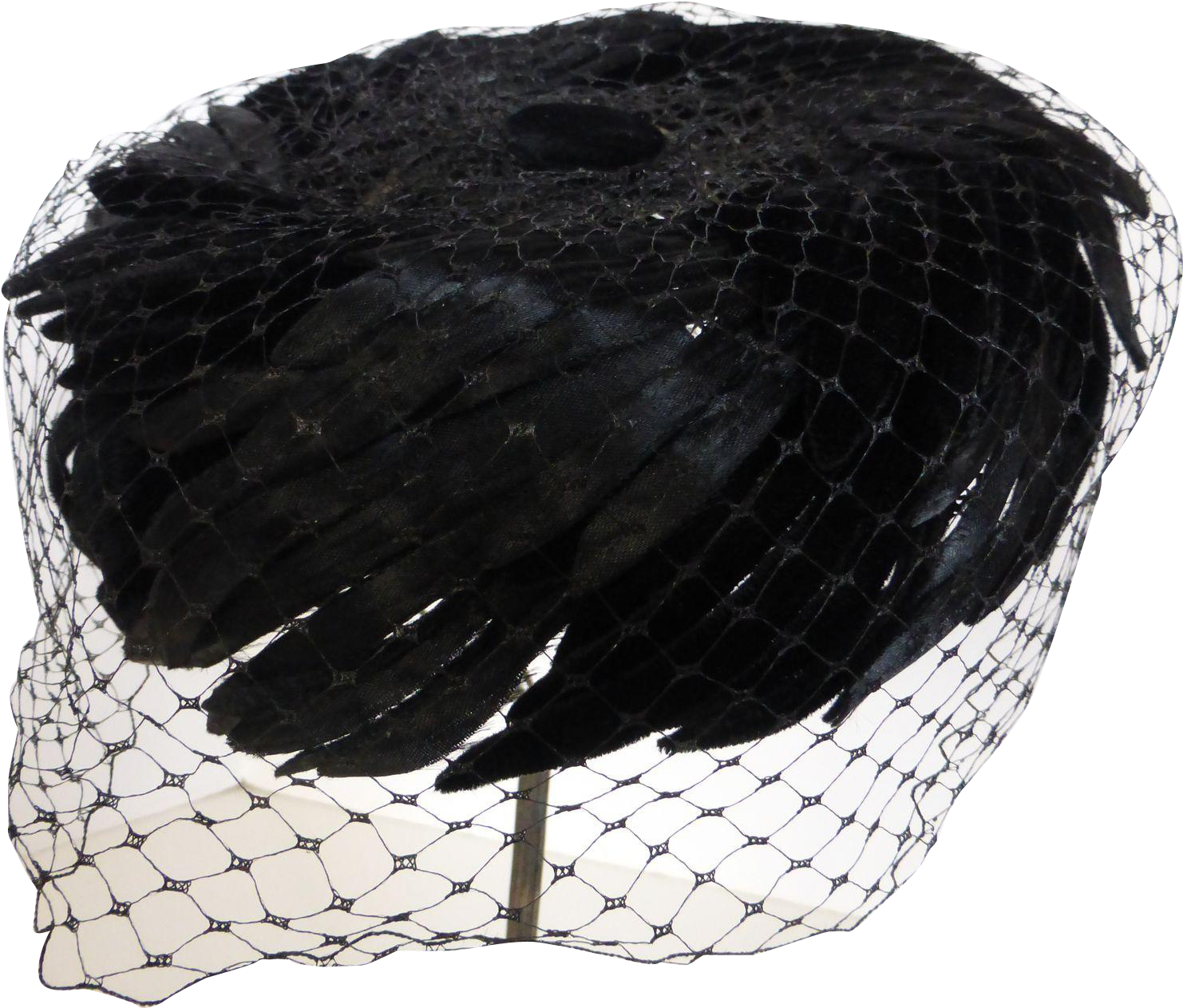 Vintage Black Silk Velvet Feather Pillbox Hat W Veil - Laundry Basket (1481x1481), Png Download