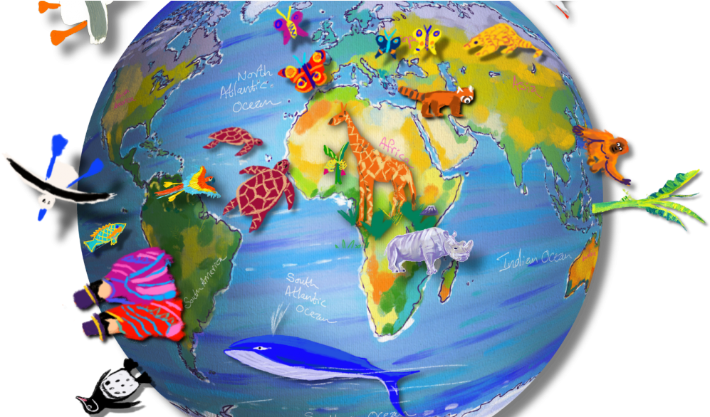 Globe With Animals - Portable Network Graphics (1024x585), Png Download