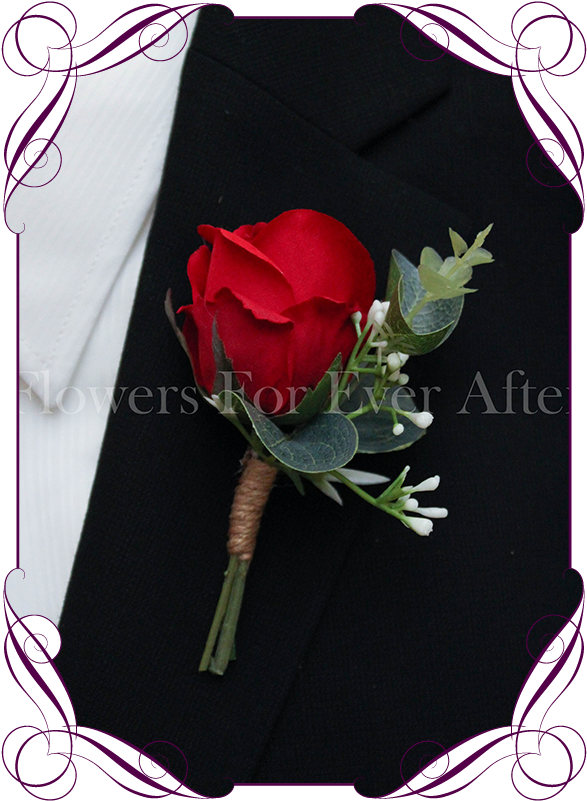 Silk Artificial Baby's Breath And Red Rose Formal / - Red Rose Boutonniere Groom (608x822), Png Download