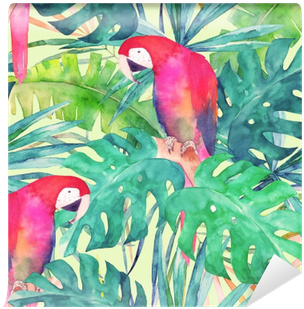 Summer Seamless Pattern With Watercolor Parrot, Palm - Watercolor Painting (400x400), Png Download