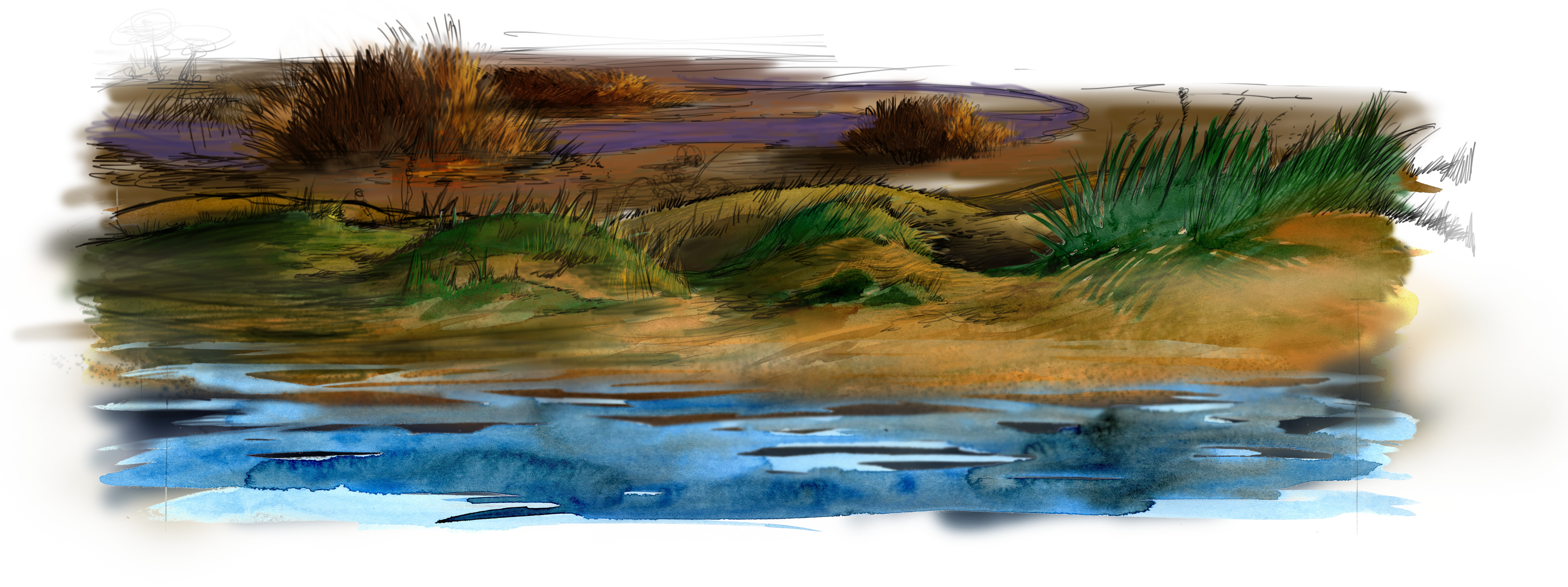 Beach Landscape Watercolor - Watercolor Painting (3353x1256), Png Download
