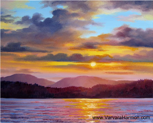 Lake Sunset By Varvara Harmon - Sunset Over Lake Painting (600x600), Png Download
