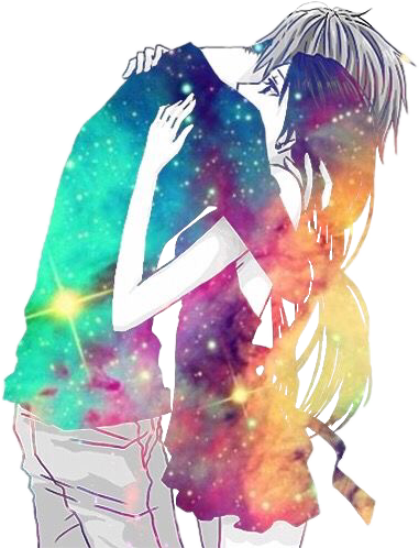 Anime Couple Galaxy Female Male Hugging Embrace Cute - Anime Girl And Boy Hugging (381x498), Png Download
