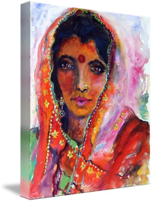 #indian #woman With #red #bindi Mixed Media Painting - Gallery-wrapped Canvas Art Print 11 X 13 Entitled Indian (488x650), Png Download