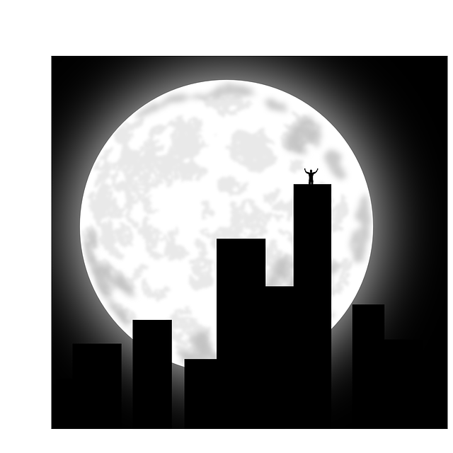 Moon, City, Silhouette, Building, Town, Mystical, Man - Clip Art Black And White Night (640x640), Png Download