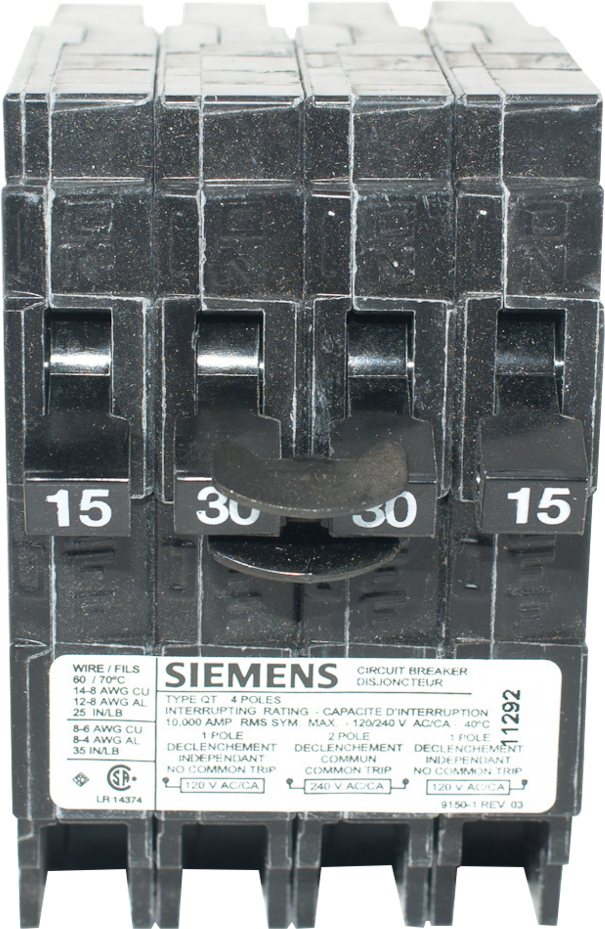 15/30/15amp 240v 2-pole Type Qt Push On Quad Breaker, - 30 15 Quad Breaker (1362x2014), Png Download