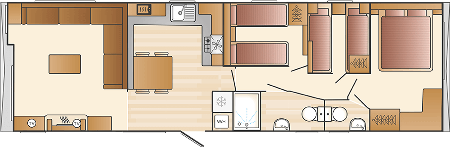 Moselle 40' X 12' 3 Bedroom Layout - Swift Moselle Caravan Layout (1020x425), Png Download
