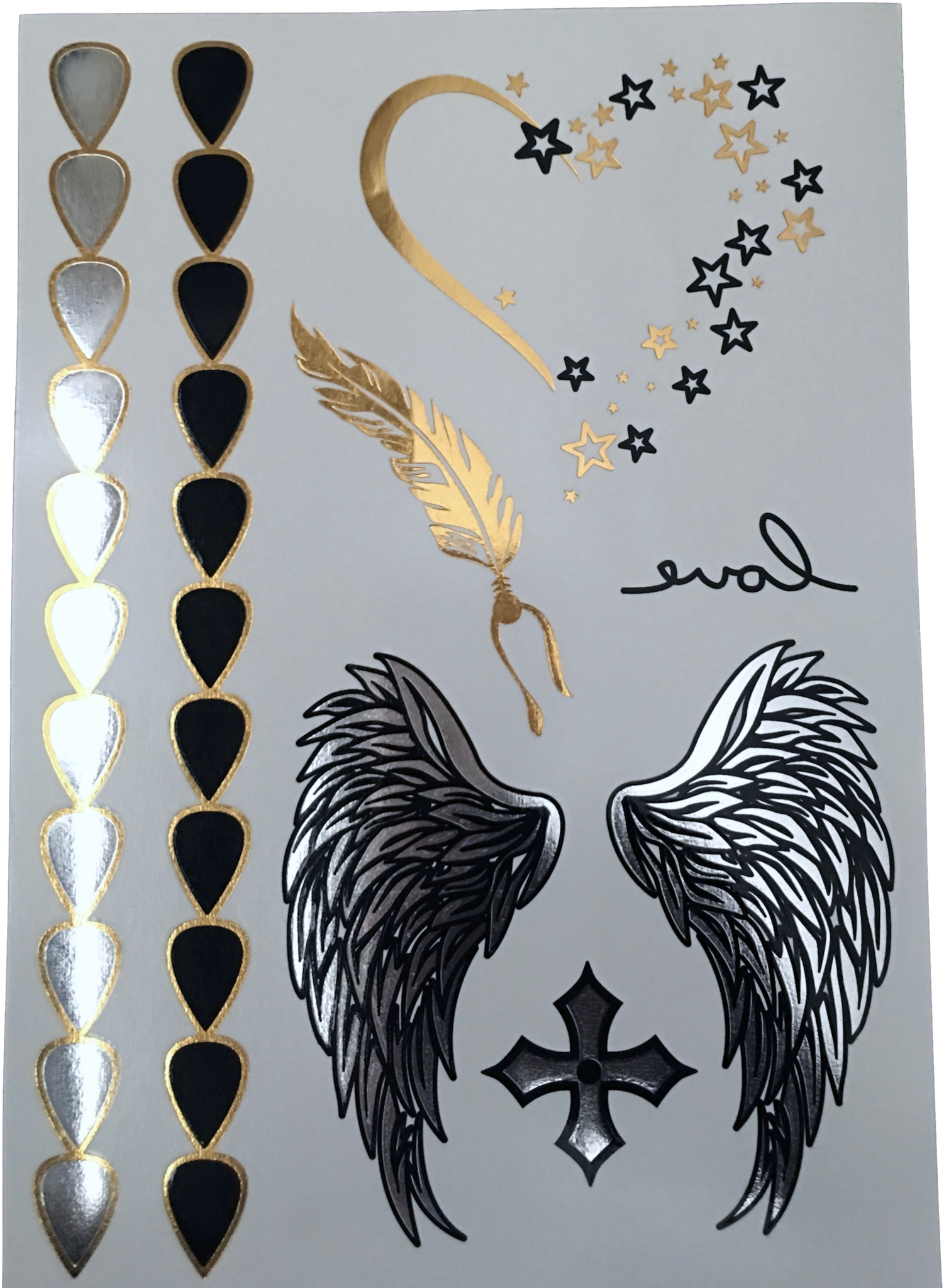 New Metallic Gold Silver And Black Angel Wings Arm - Stars With Angel Wings Tattoos (1828x2048), Png Download