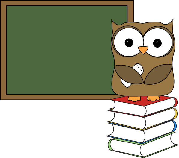 Owl With Books And Chalkboard Clip Art - Cartoon (597x528), Png Download