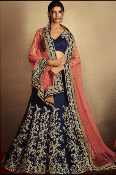 Navy Blue And Peach Lehenga - Navy Blue And Coral Lehenga (600x600), Png Download