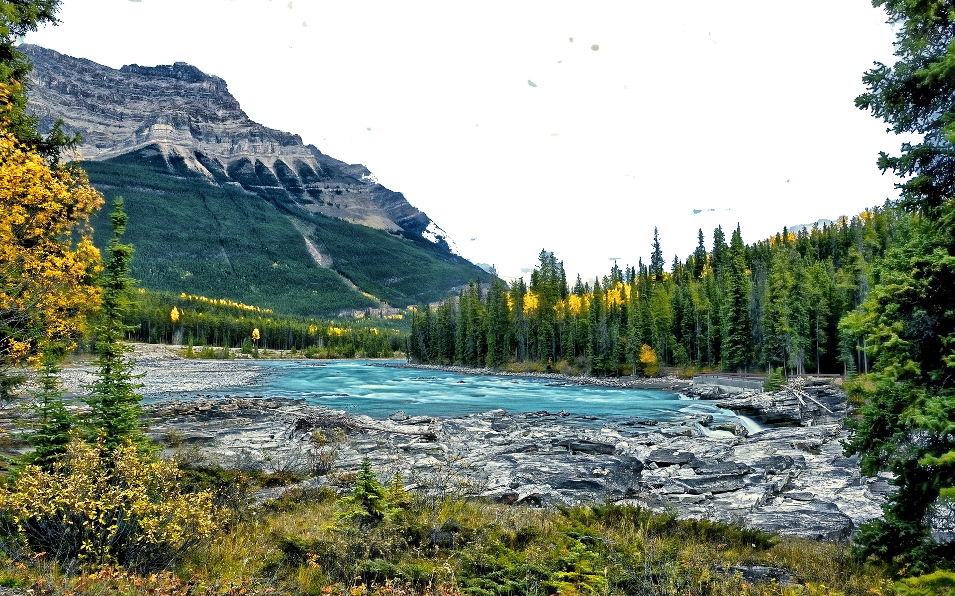 River, Mountains And Vegetation - Athabasca Falls (1920x1200), Png Download