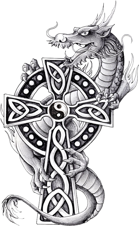 Png Library Library Dragon With Cross And Yin Yang - Dragon And Cross Tattoo Designs (524x821), Png Download