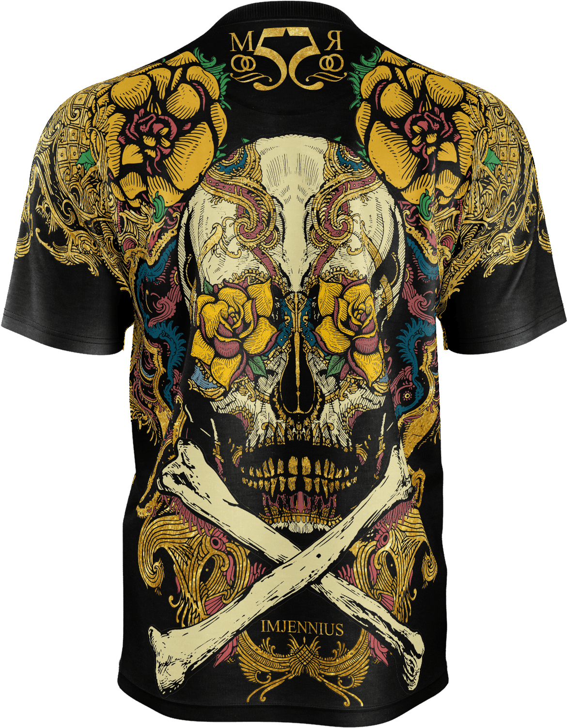 Black Mexican Skull Gold Yellow Tshirt Man Shirt Unisex - Floral Design (1600x1600), Png Download